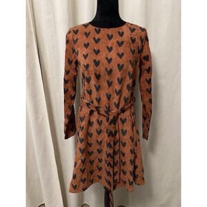 COMPANIA FANTASTICA RUST BLACK HEARTS ALINE MINI BELTED HOLIDAY PARTY DRESS Sz S